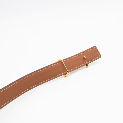 My H Belt Buckle & Reversible Blanc & Gold Leather Belt 80 cm