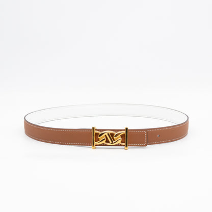 My H Belt Buckle & Reversible Blanc & Gold Leather Belt 80 cm