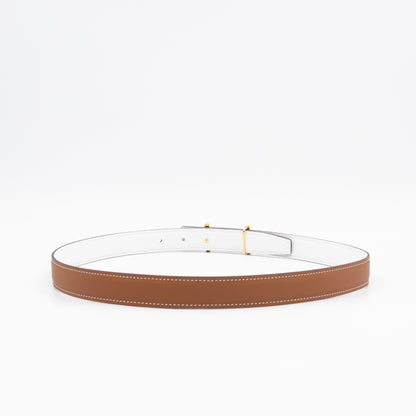 My H Belt Buckle & Reversible Blanc & Gold Leather Belt 80 cm