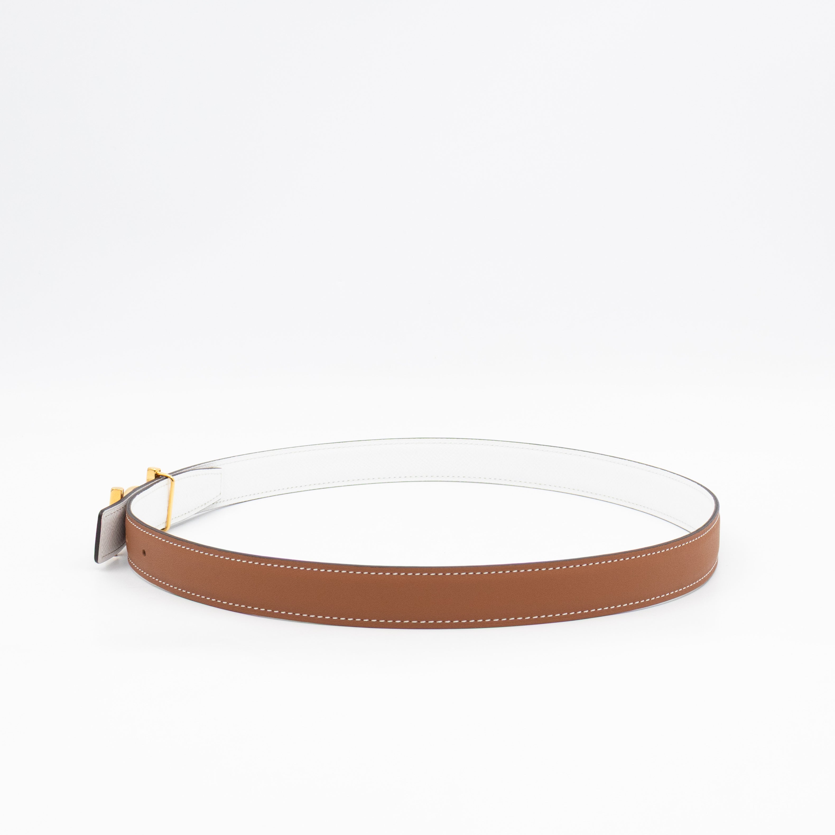 My H Belt Buckle & Reversible Blanc & Gold Leather Belt 80 cm