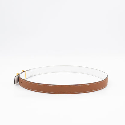 My H Belt Buckle & Reversible Blanc & Gold Leather Belt 80 cm