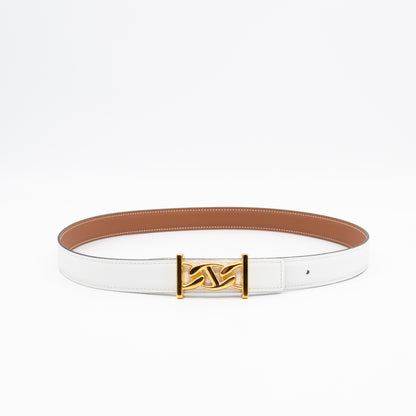 My H Belt Buckle & Reversible Blanc & Gold Leather Belt 80 cm