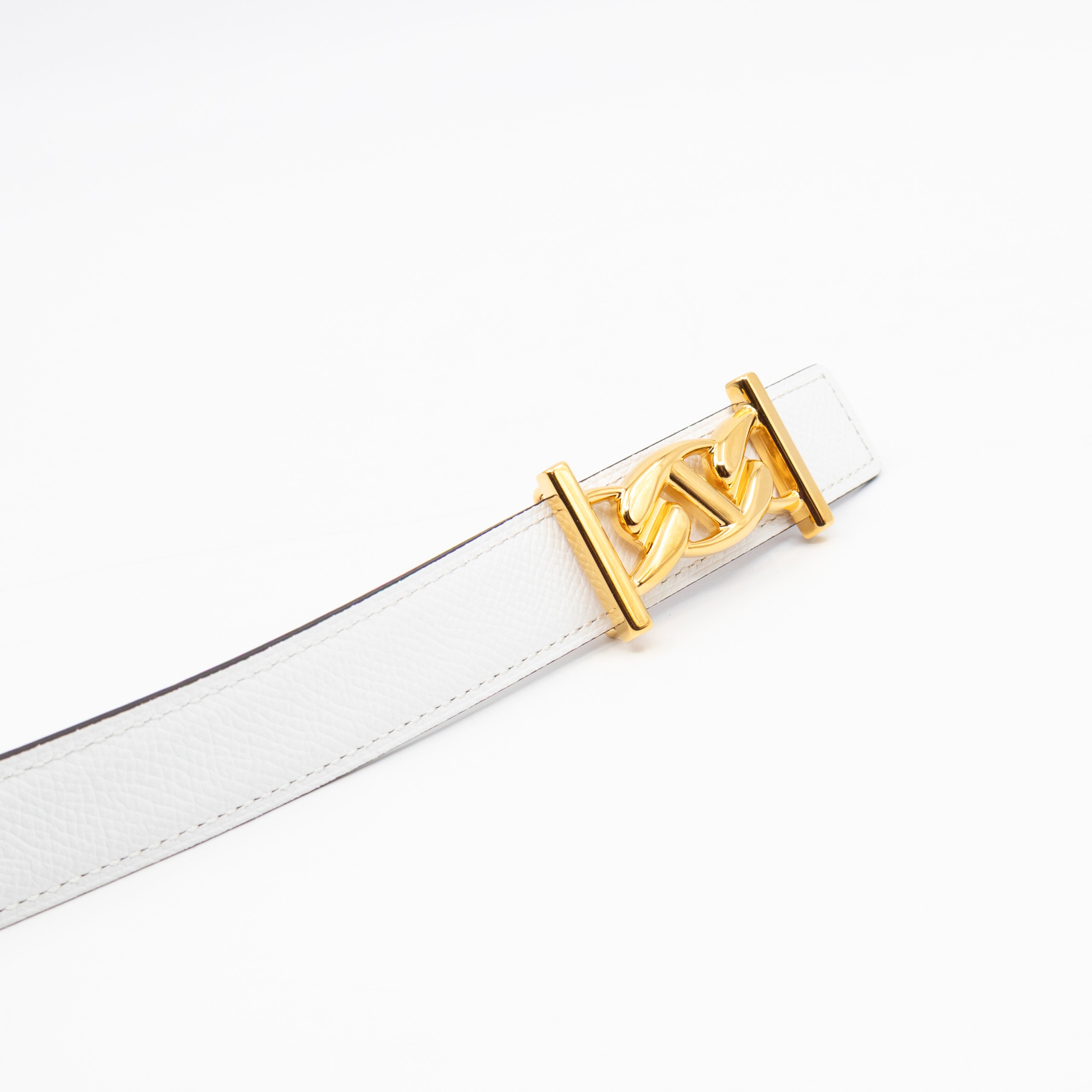 My H Belt Buckle & Reversible Blanc & Gold Leather Belt 80 cm
