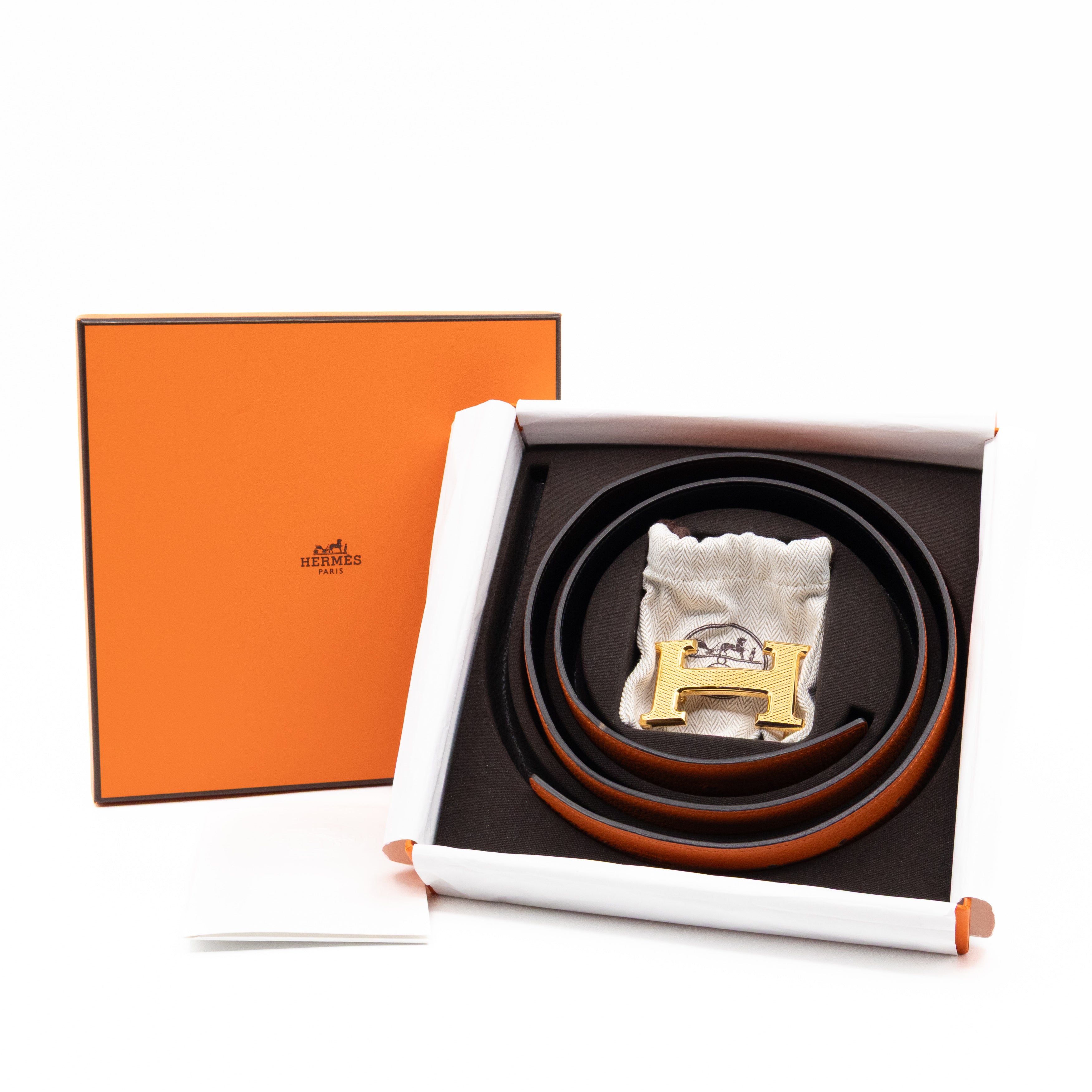 H Guillochee Belt Buckle & Reversible Orange & Noir Leather Belt 85 cm