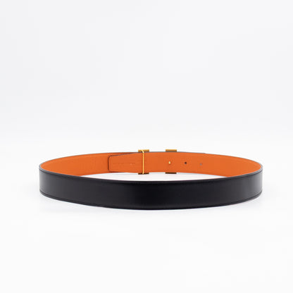 H Guillochee Belt Buckle & Reversible Orange & Noir Leather Belt 85 cm