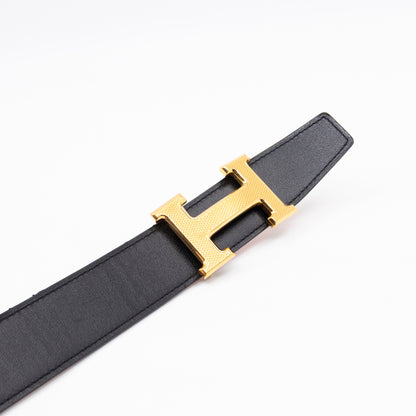 H Guillochee Belt Buckle & Reversible Orange & Noir Leather Belt 85 cm