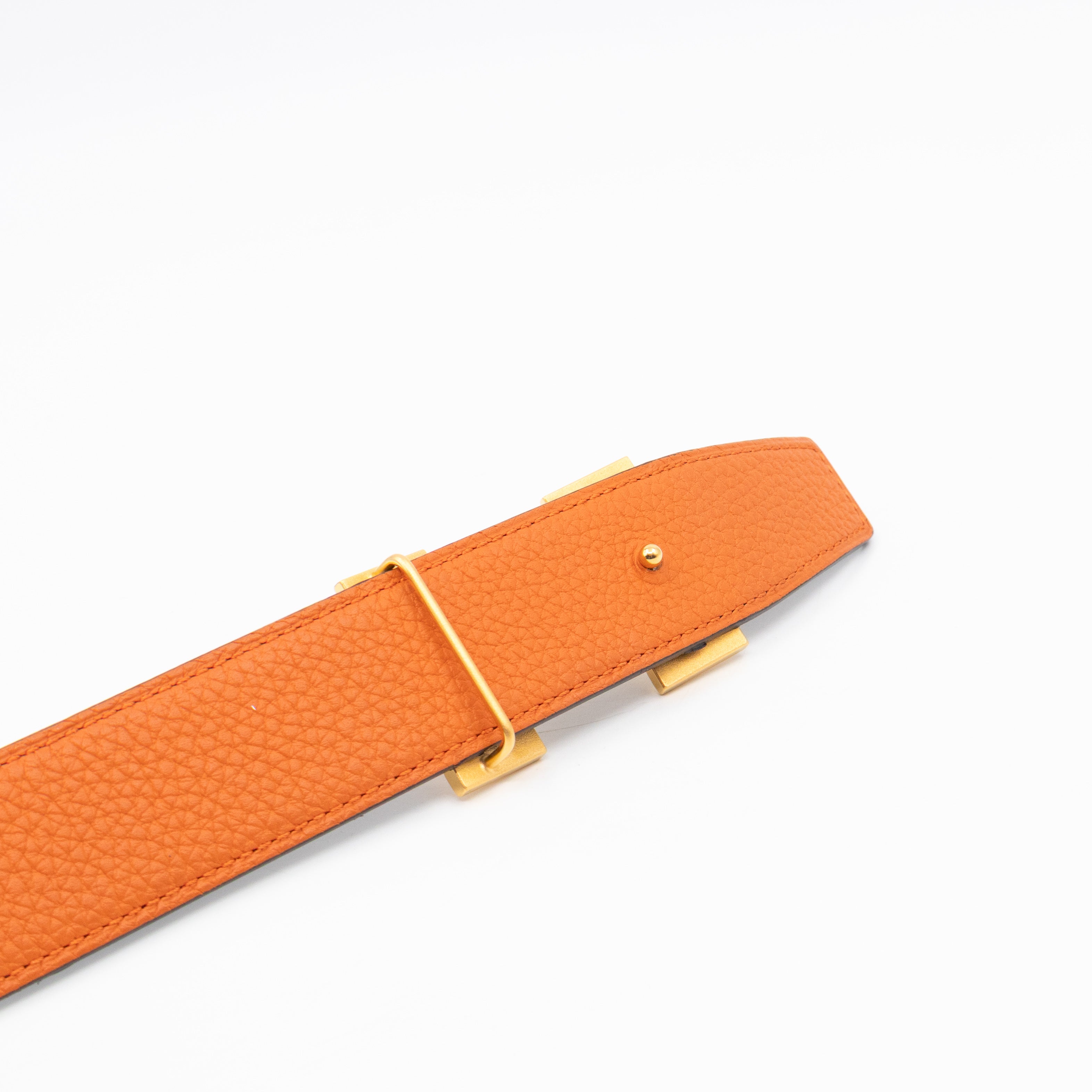 H Guillochee Belt Buckle & Reversible Orange & Noir Leather Belt 85 cm