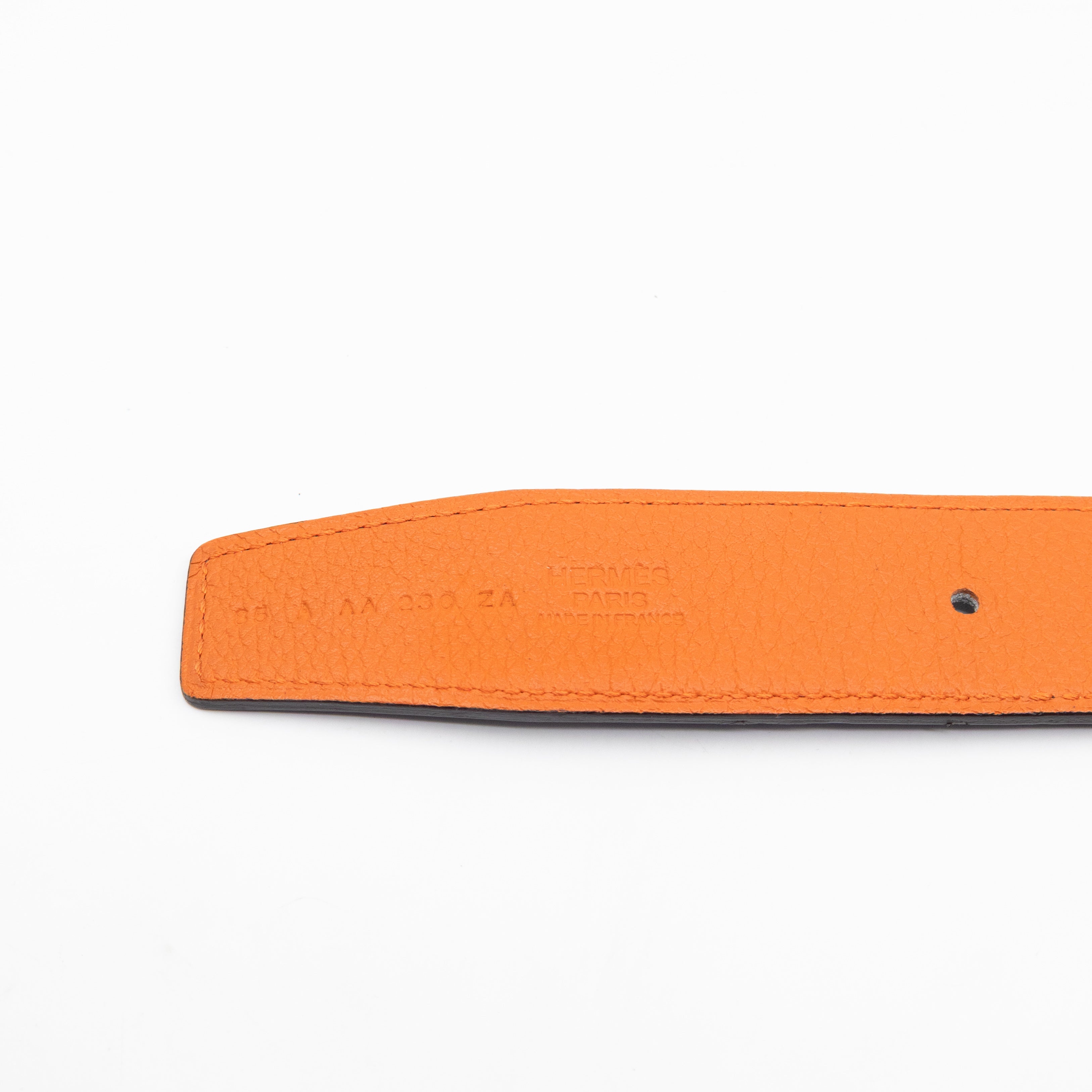 H Guillochee Belt Buckle & Reversible Orange & Noir Leather Belt 85 cm