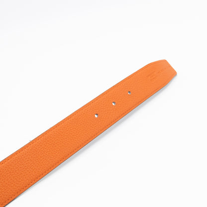 H Guillochee Belt Buckle & Reversible Orange & Noir Leather Belt 85 cm