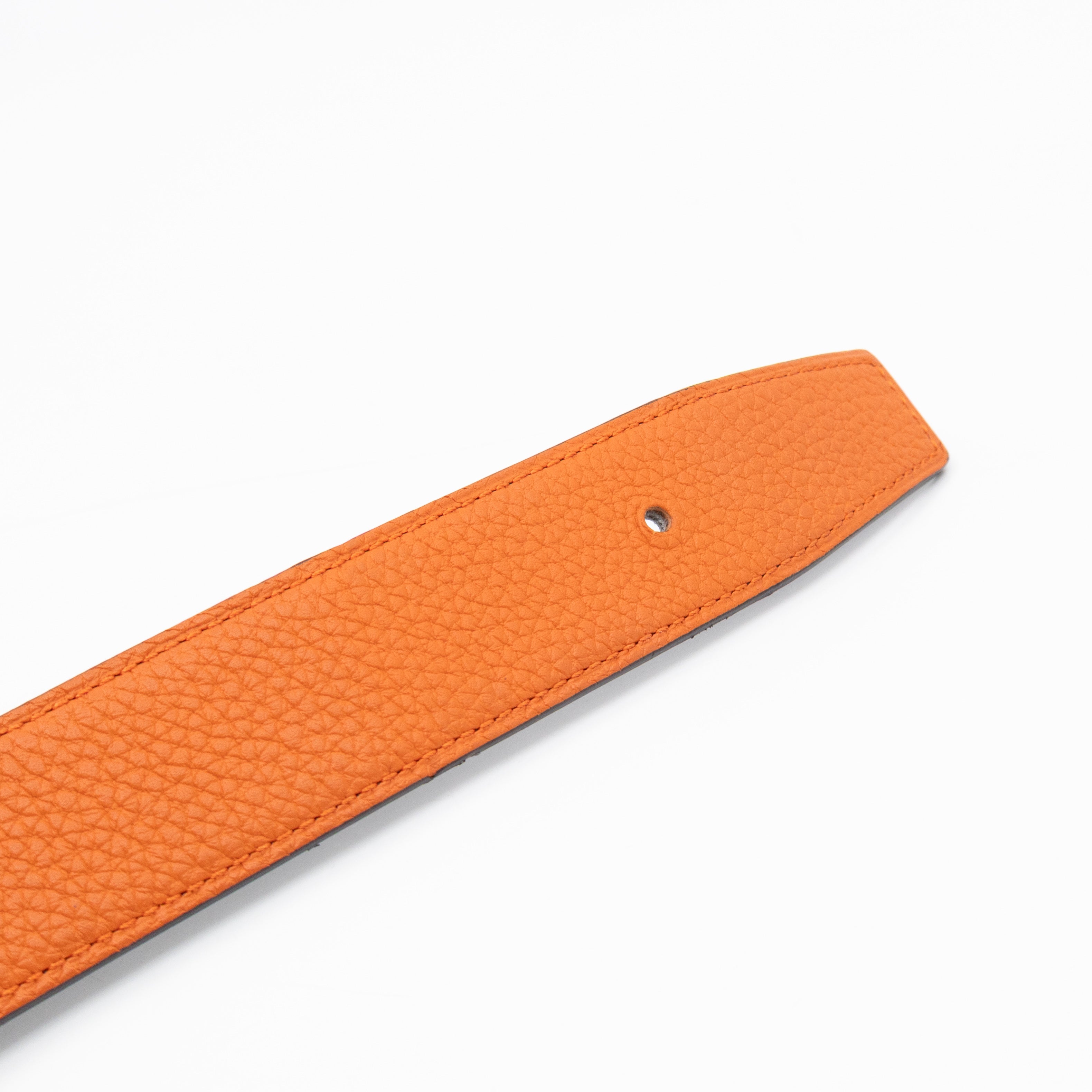 H Guillochee Belt Buckle & Reversible Orange & Noir Leather Belt 85 cm