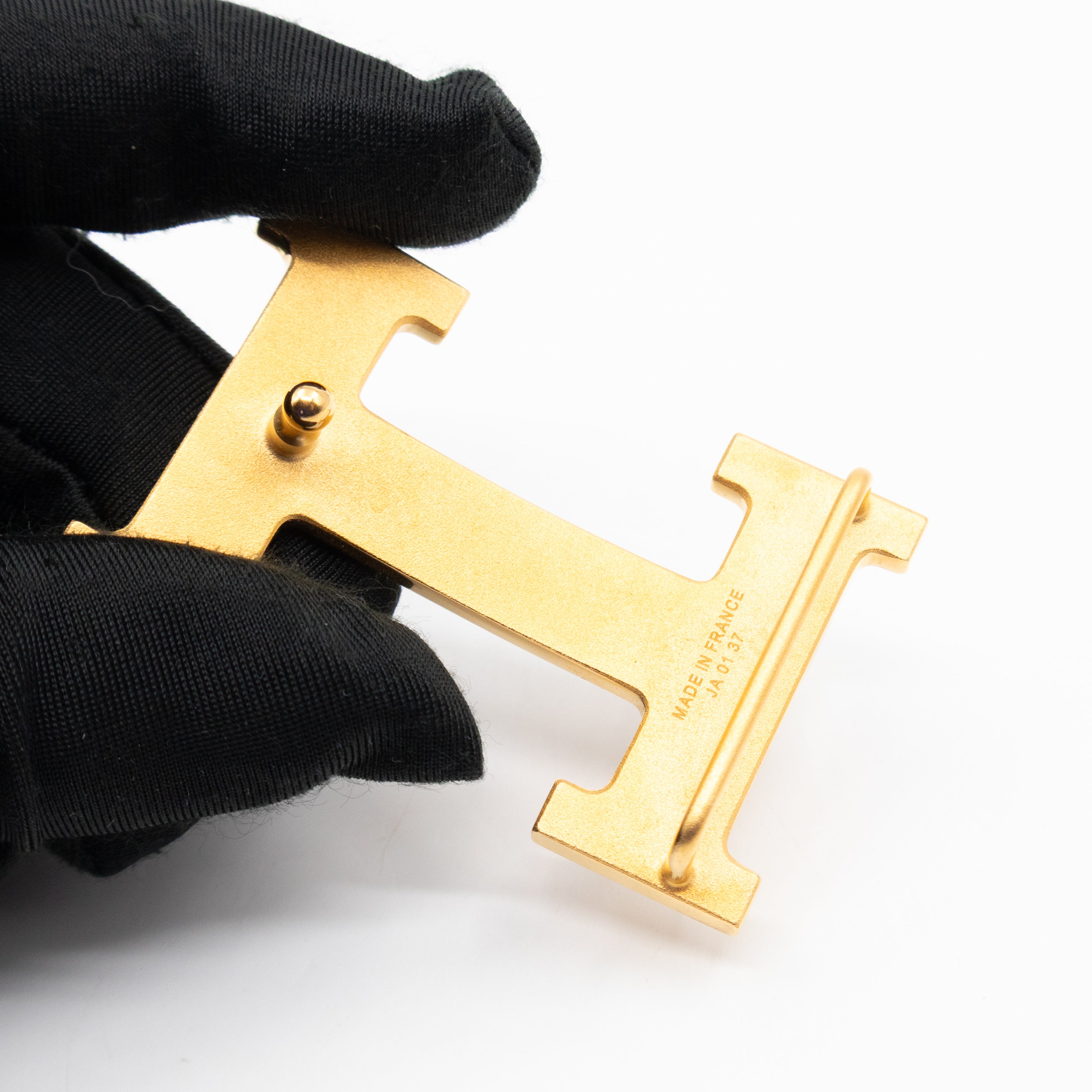 H Guillochee Belt Buckle & Reversible Orange & Noir Leather Belt 85 cm