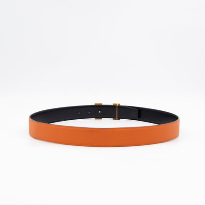 H Guillochee Belt Buckle & Reversible Orange & Noir Leather Belt 85 cm