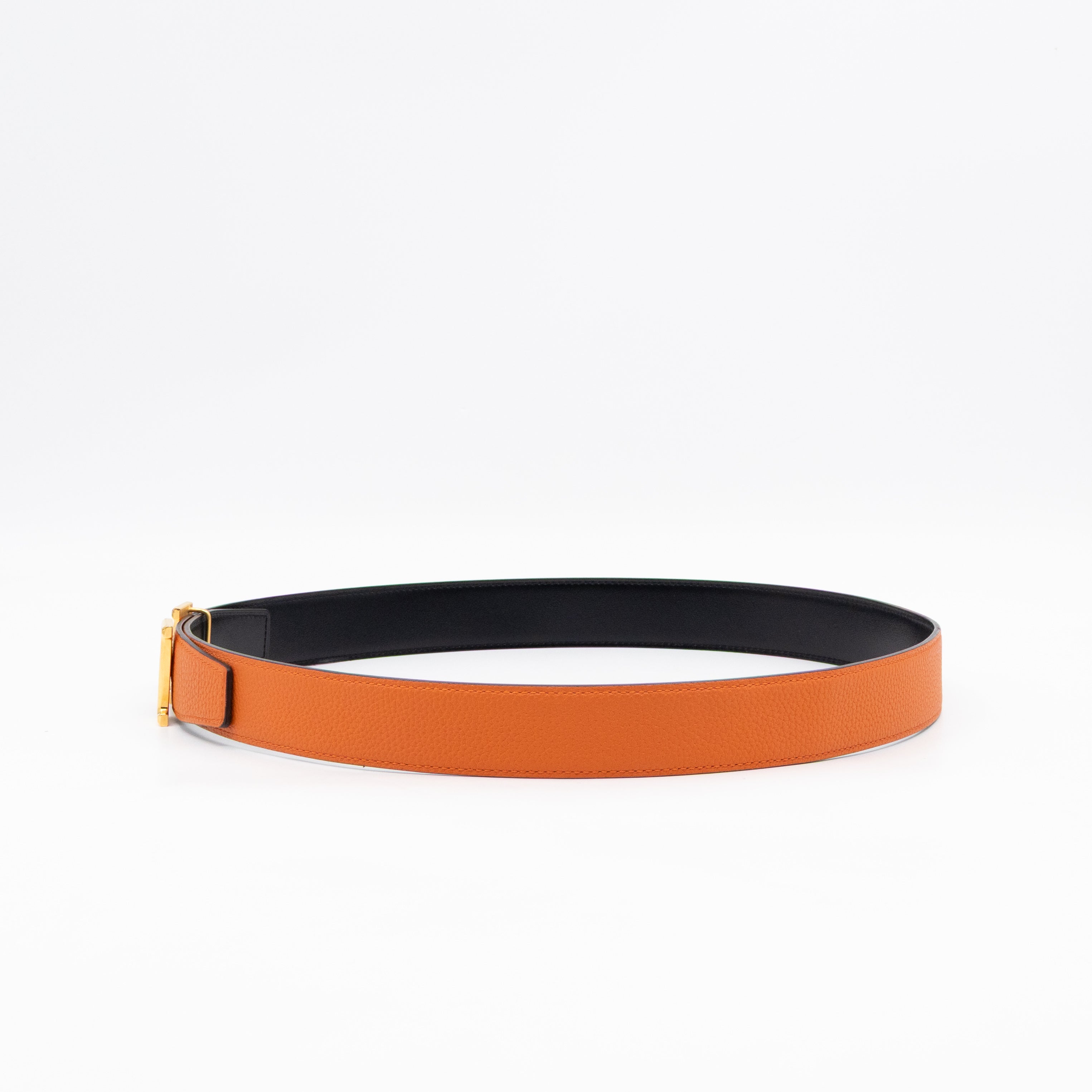 H Guillochee Belt Buckle & Reversible Orange & Noir Leather Belt 85 cm