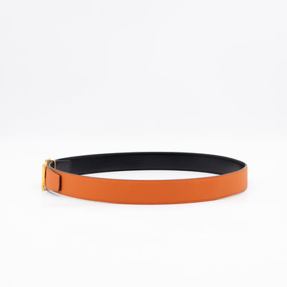H Guillochee Belt Buckle & Reversible Orange & Noir Leather Belt 85 cm