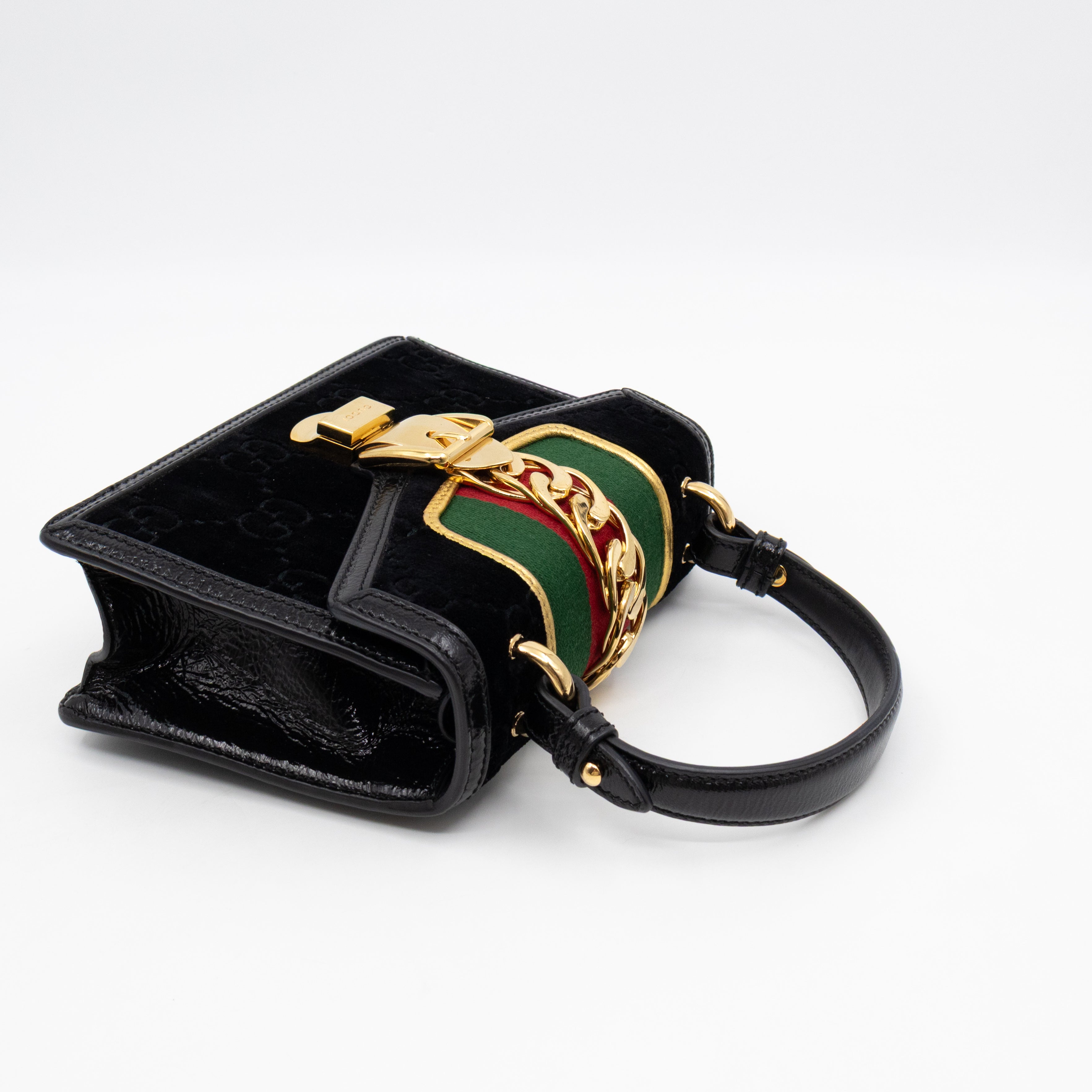 Sylvie Mini Top Handle Black Velvet Patent Leather