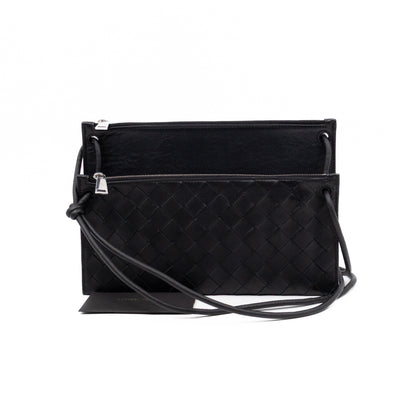 Double Pouch Crossbody Bag Black Intrecciato Leather