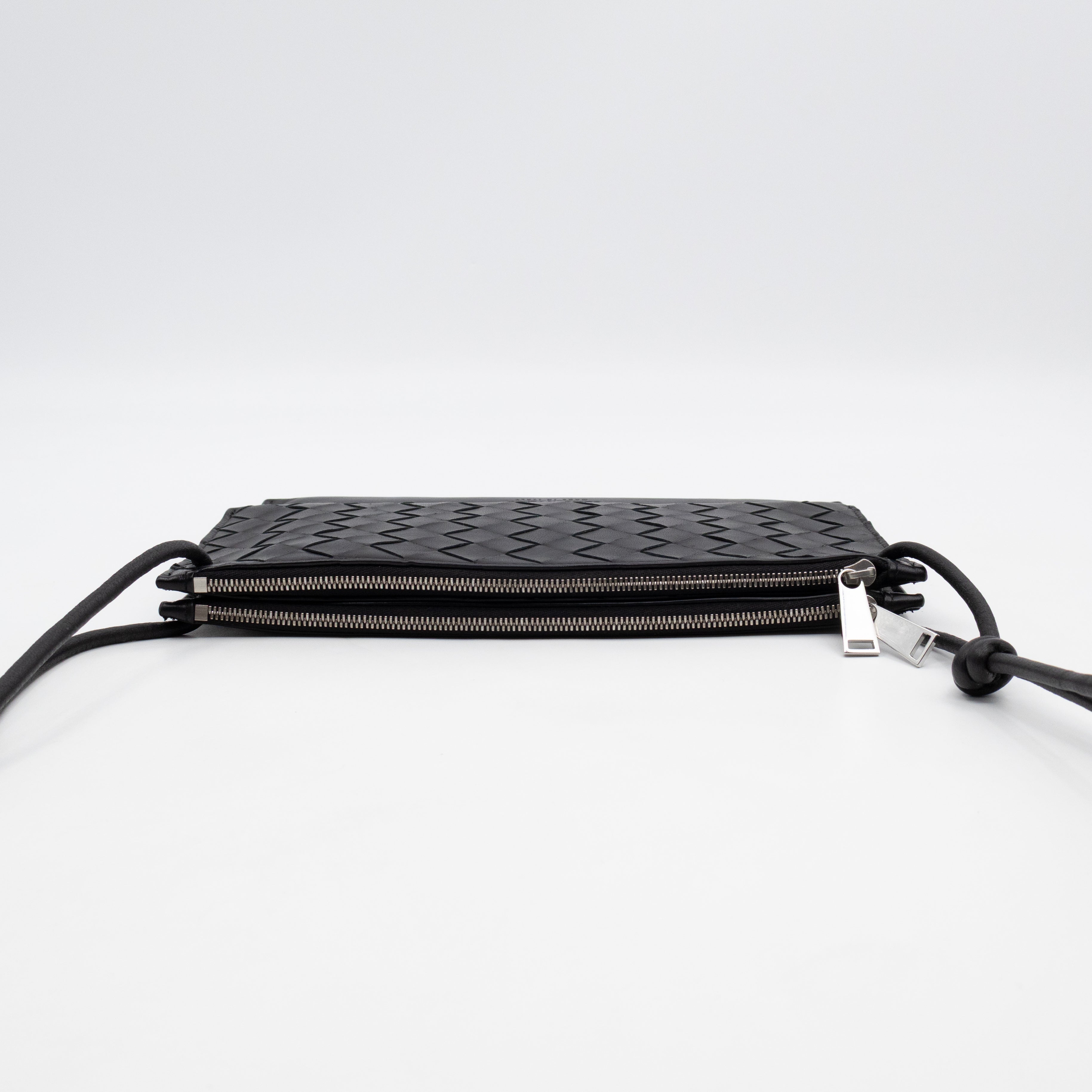 Double Pouch Crossbody Bag Black Intrecciato Leather