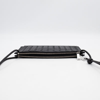 Double Pouch Crossbody Bag Black Intrecciato Leather