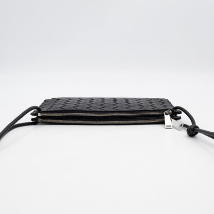 Double Pouch Crossbody Bag Black Intrecciato Leather