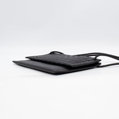 Double Pouch Crossbody Bag Black Intrecciato Leather