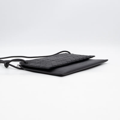 Double Pouch Crossbody Bag Black Intrecciato Leather