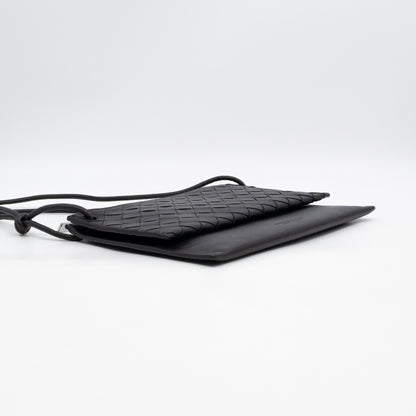 Double Pouch Crossbody Bag Black Intrecciato Leather