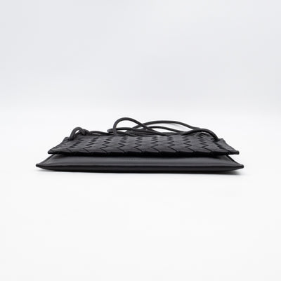Double Pouch Crossbody Bag Black Intrecciato Leather