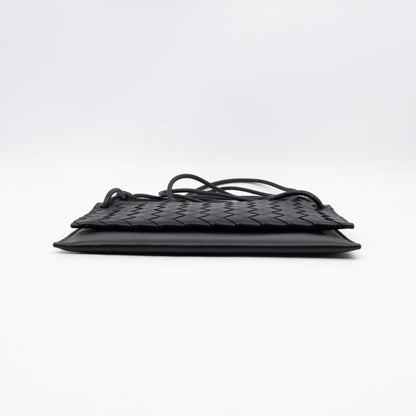 Double Pouch Crossbody Bag Black Intrecciato Leather
