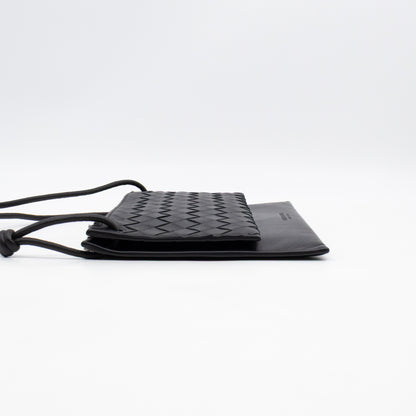 Double Pouch Crossbody Bag Black Intrecciato Leather