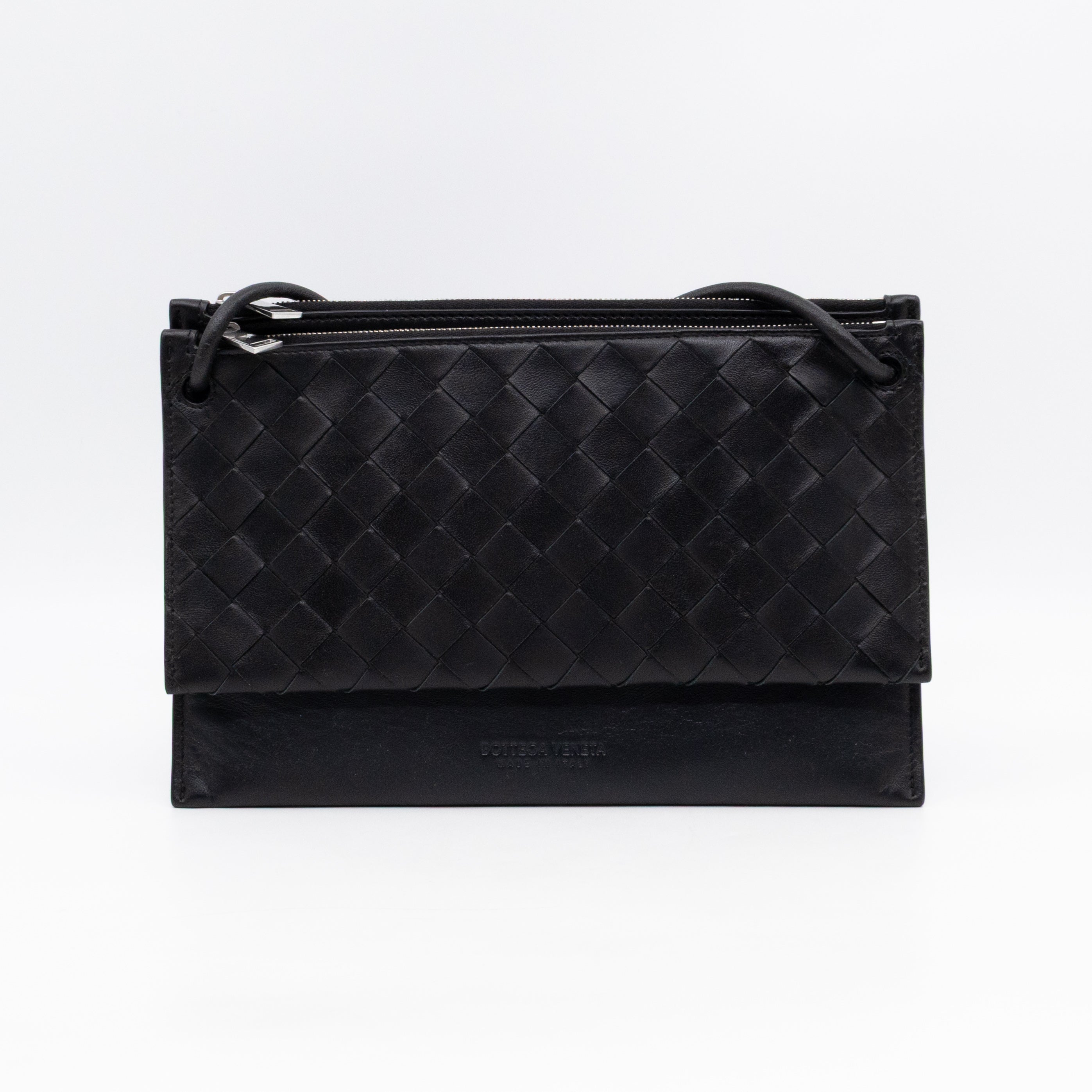 Double Pouch Crossbody Bag Black Intrecciato Leather