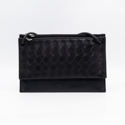 Double Pouch Crossbody Bag Black Intrecciato Leather