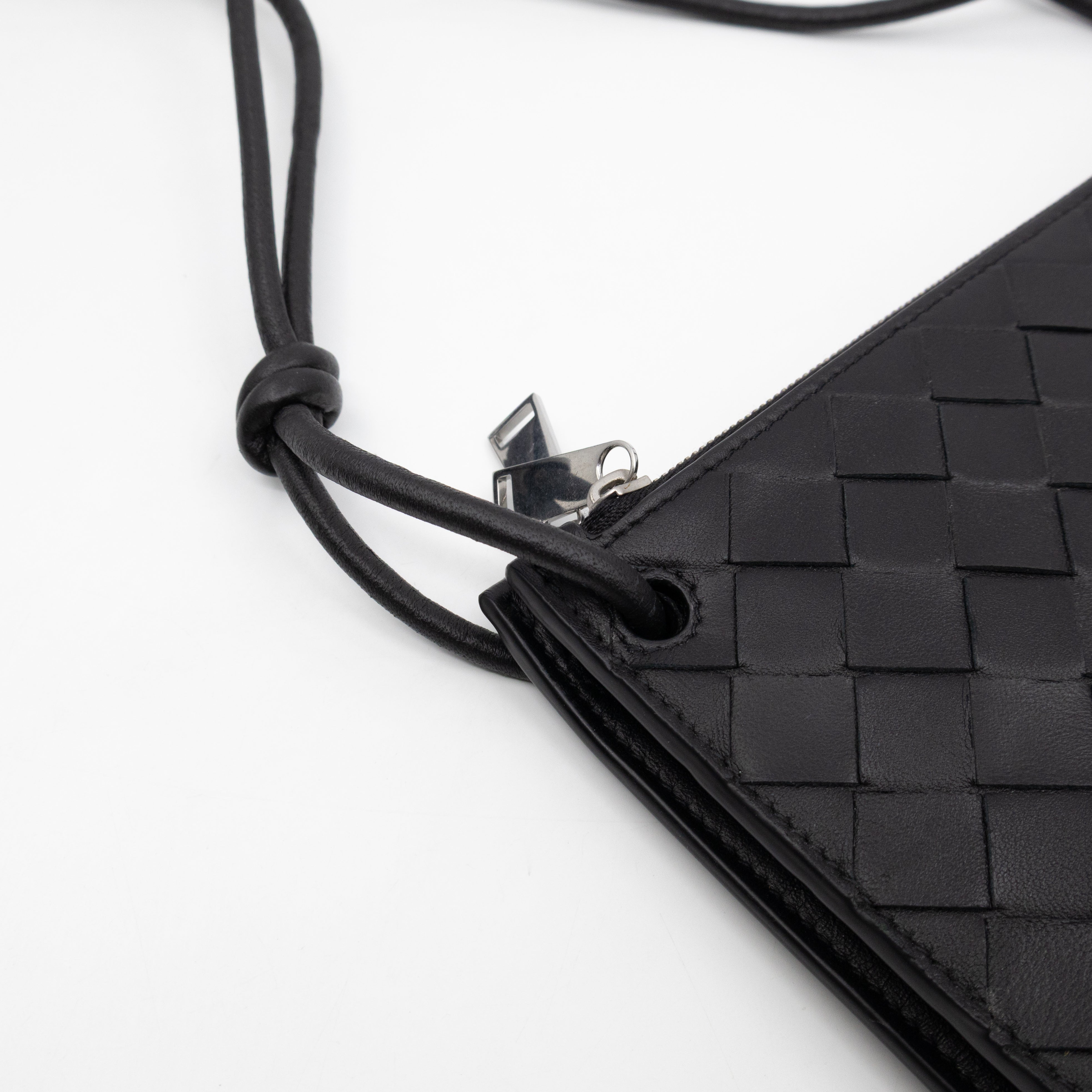 Double Pouch Crossbody Bag Black Intrecciato Leather