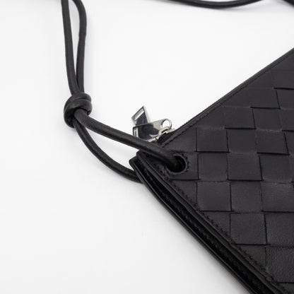Double Pouch Crossbody Bag Black Intrecciato Leather