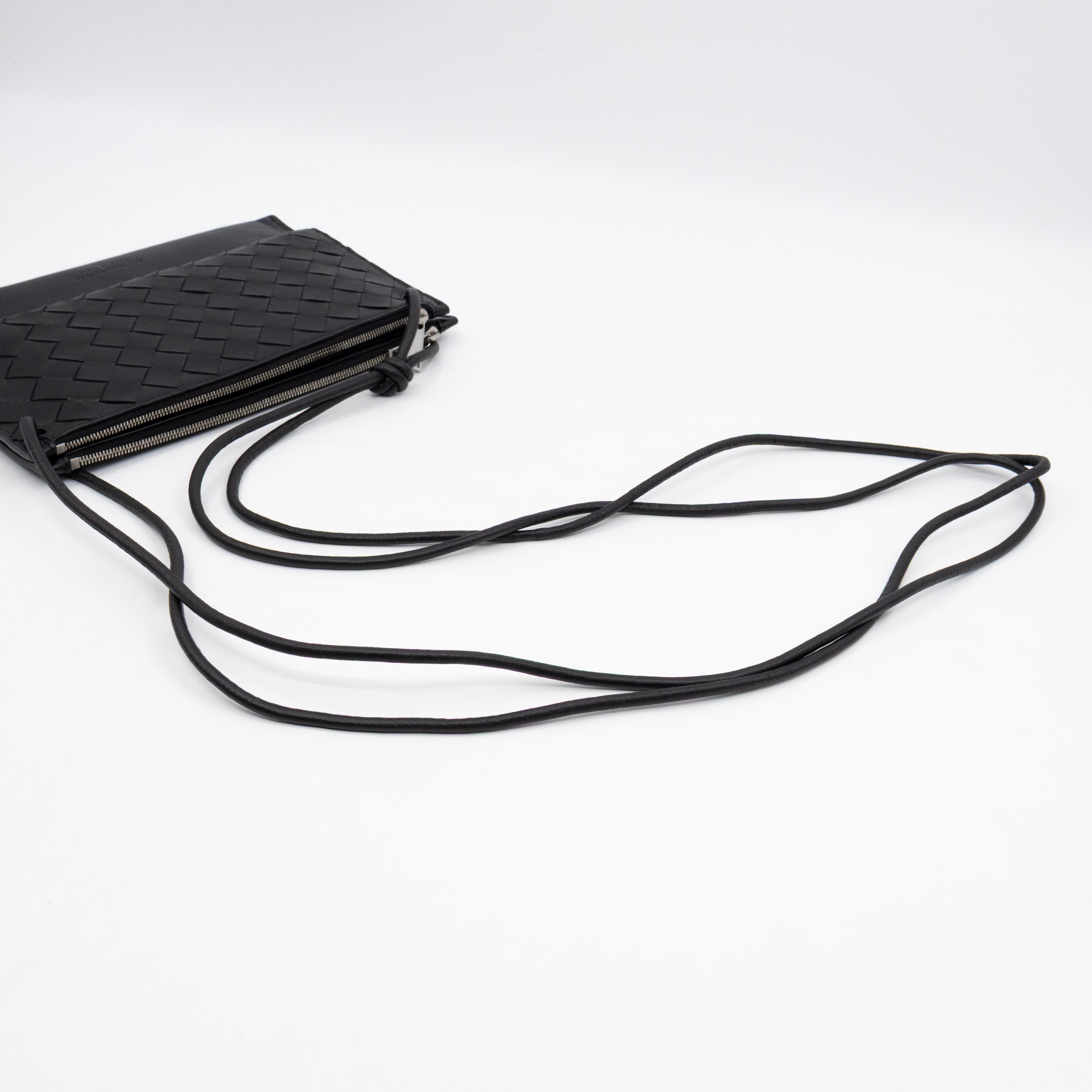 Double Pouch Crossbody Bag Black Intrecciato Leather