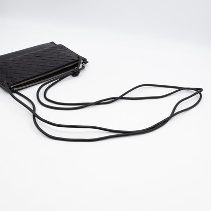 Double Pouch Crossbody Bag Black Intrecciato Leather