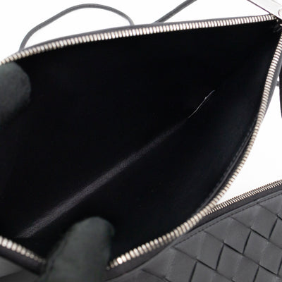 Double Pouch Crossbody Bag Black Intrecciato Leather
