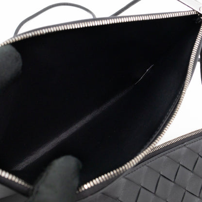 Double Pouch Crossbody Bag Black Intrecciato Leather
