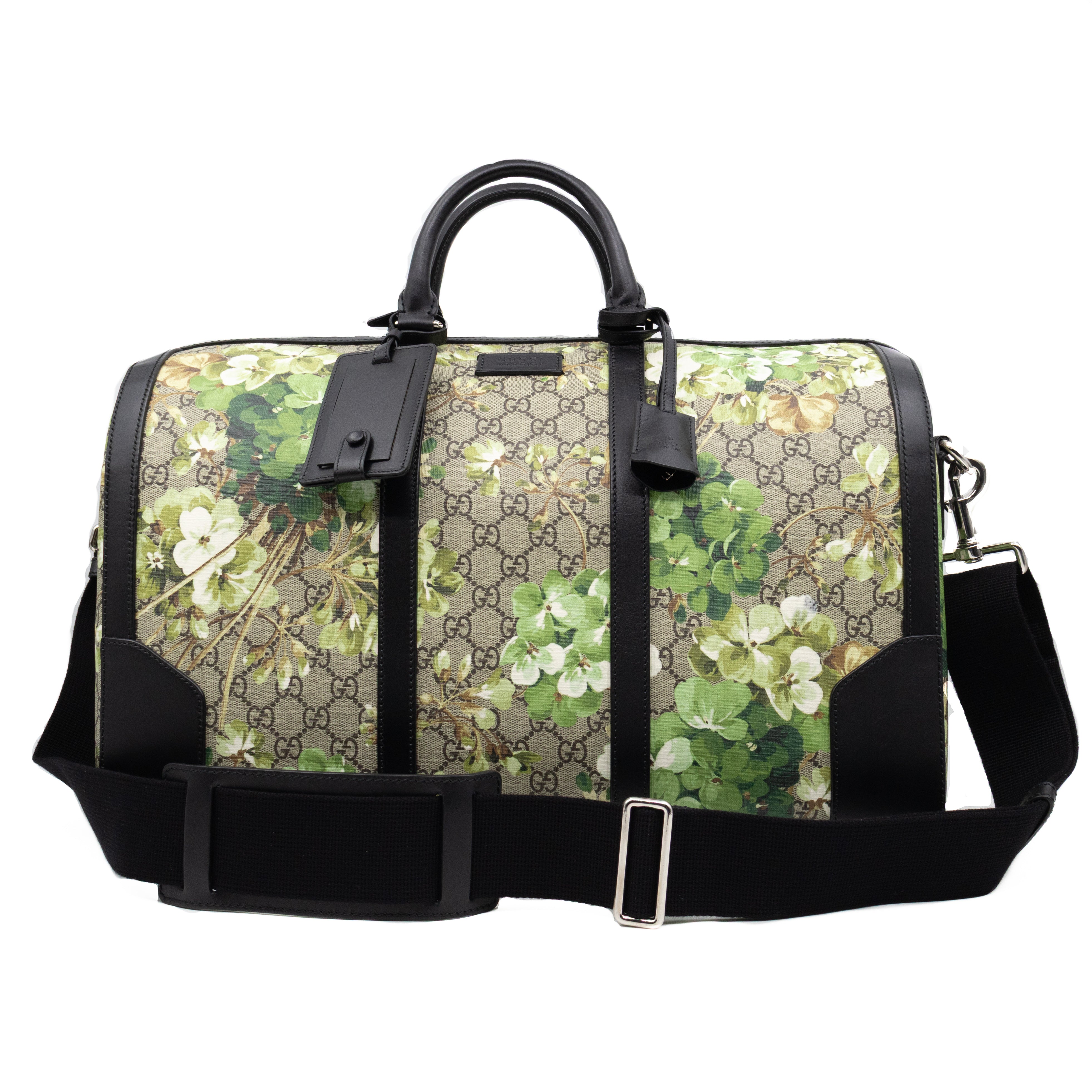 Medium Duffle Bag GG Supreme Blooms Black Leather