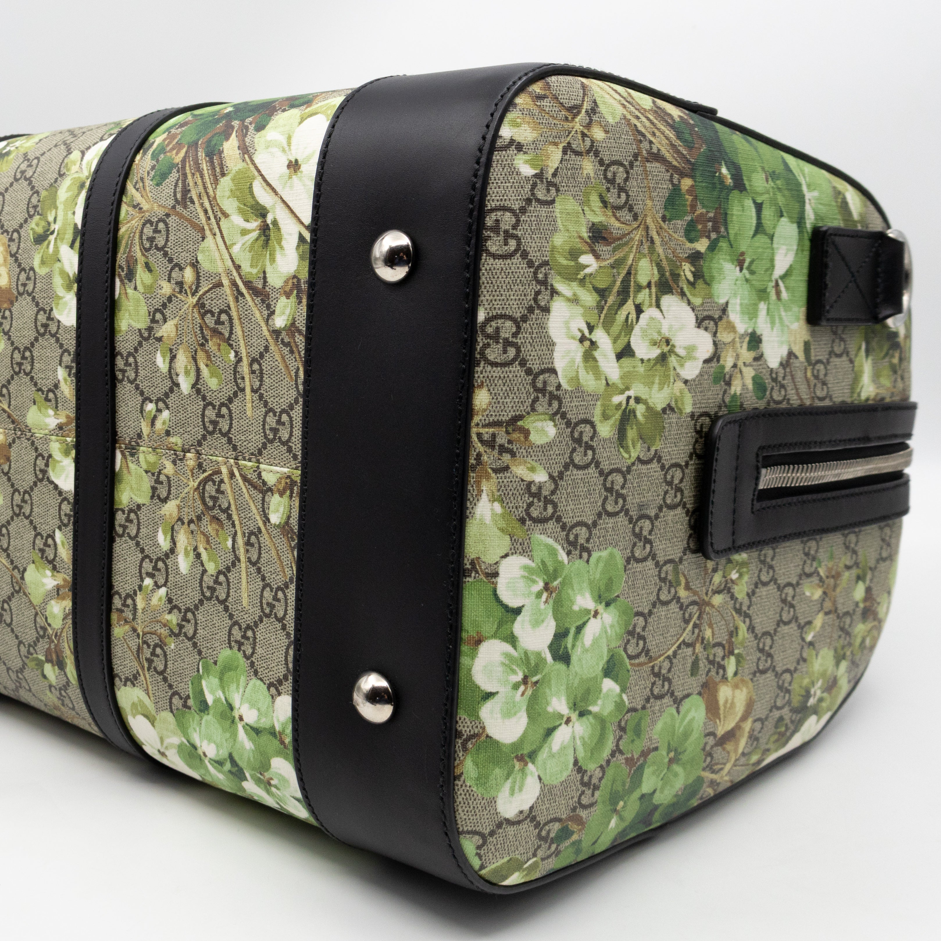 Medium Duffle Bag GG Supreme Blooms Black Leather