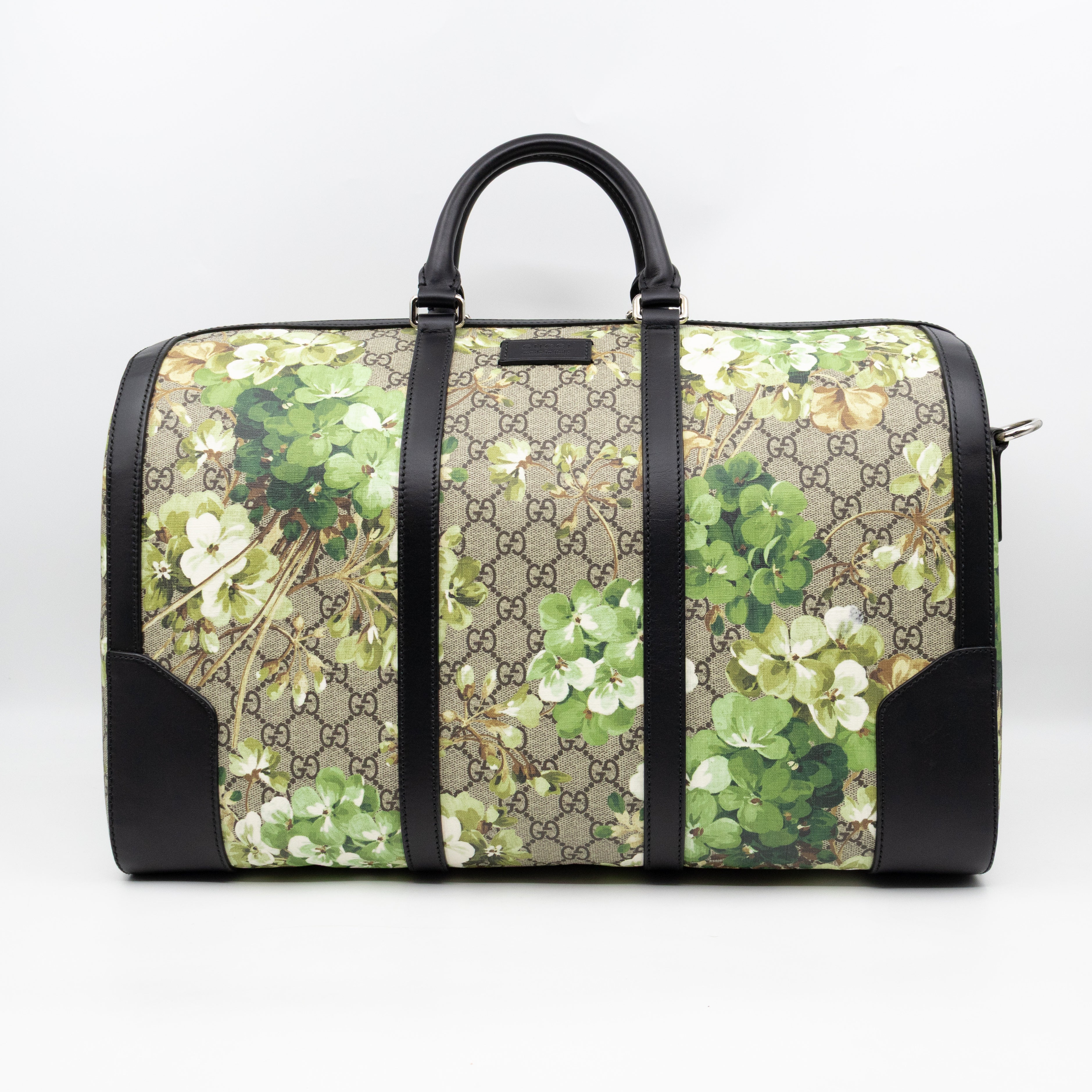 Medium Duffle Bag GG Supreme Blooms Black Leather