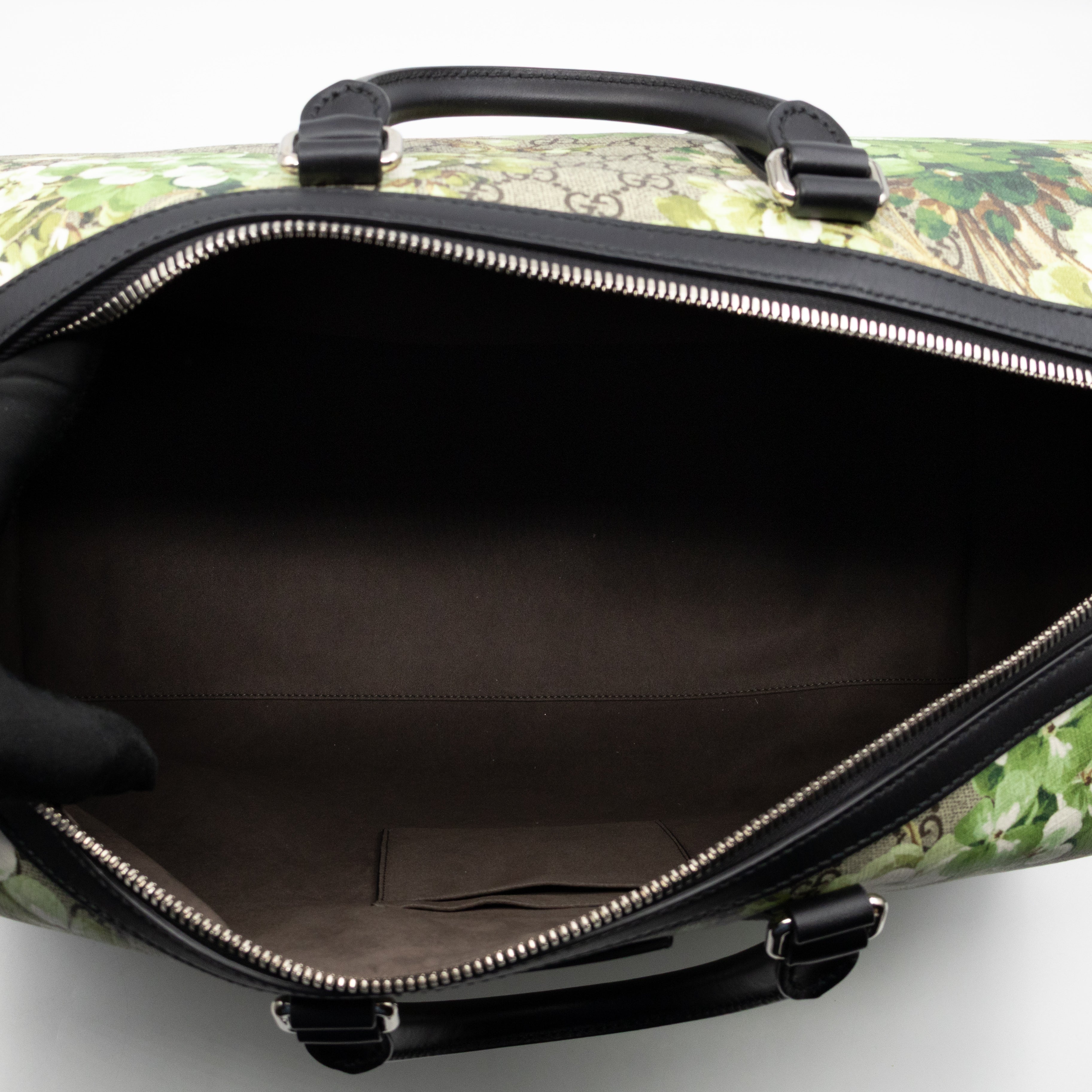 Medium Duffle Bag GG Supreme Blooms Black Leather