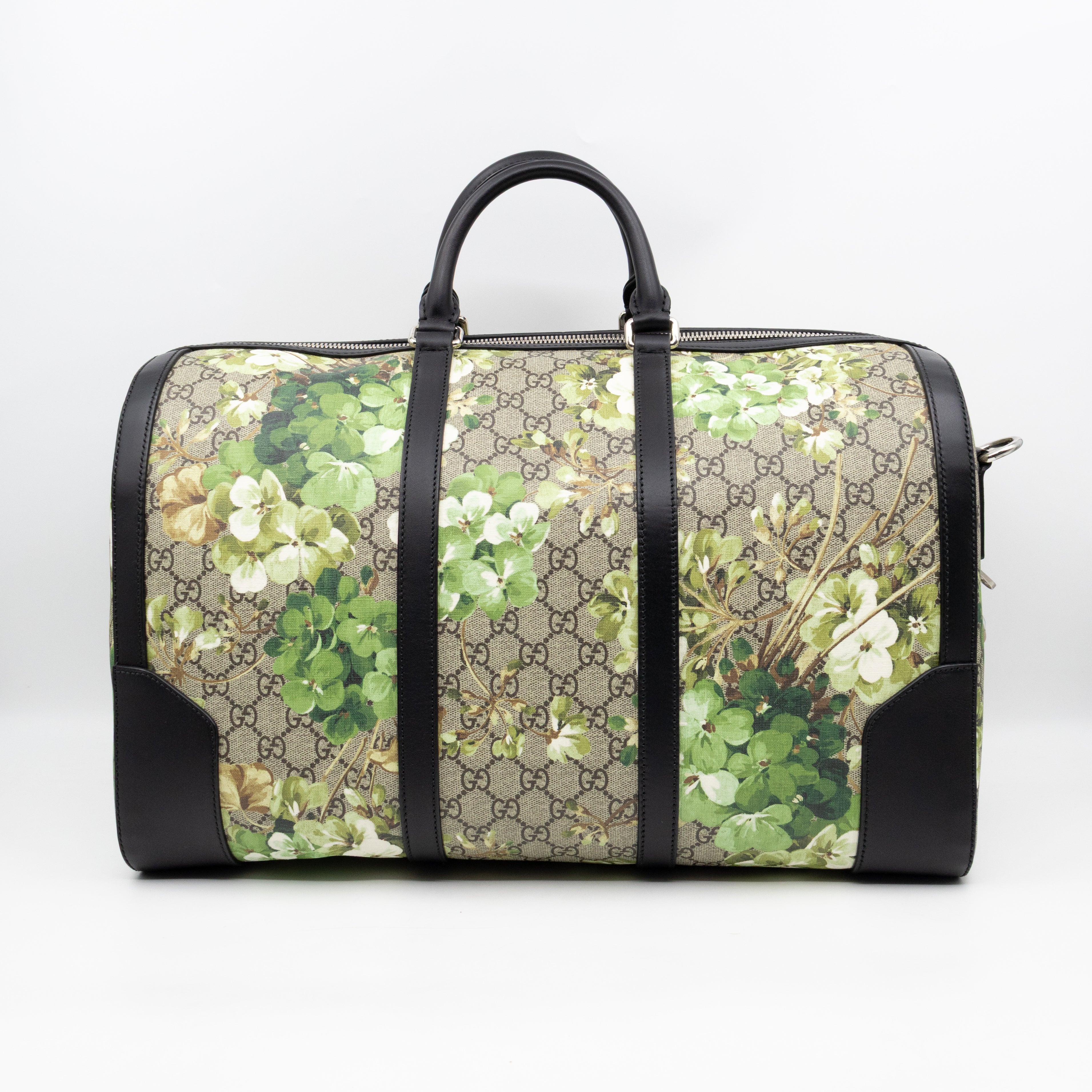 Medium Duffle Bag GG Supreme Blooms Black Leather