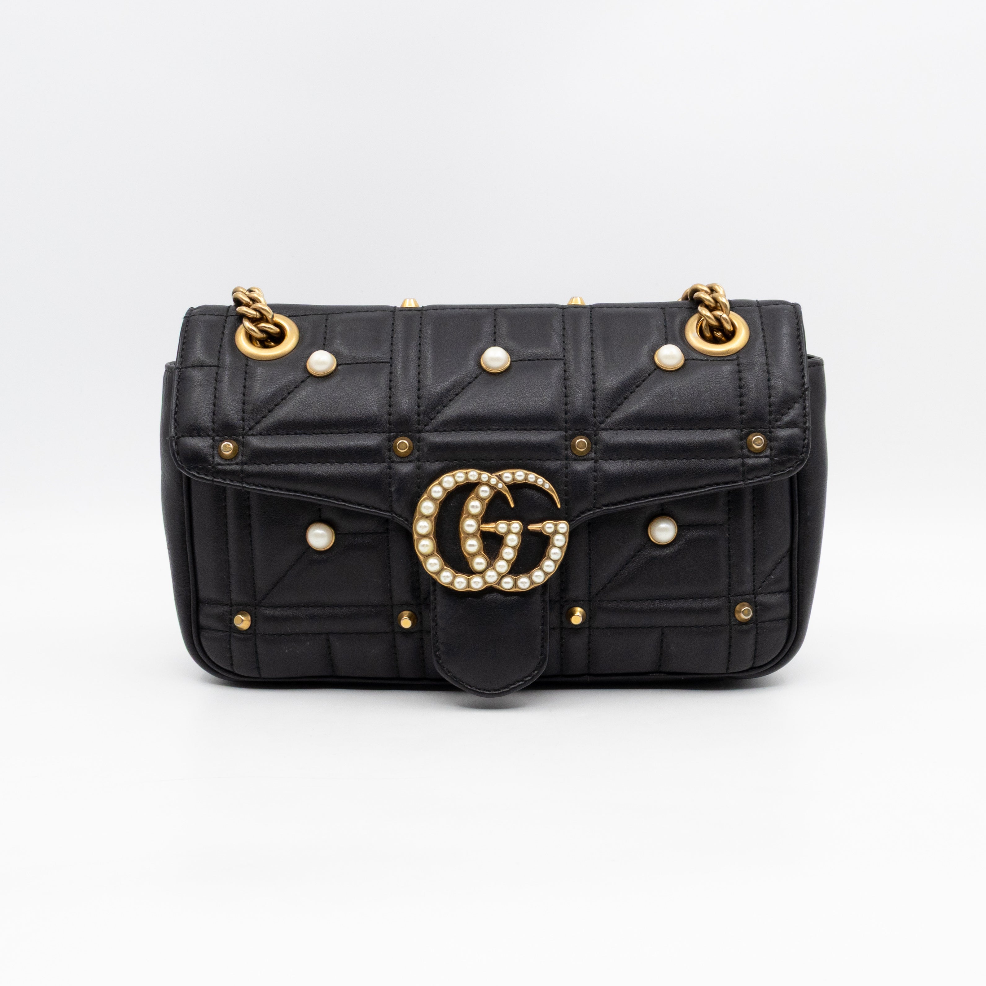 GG Marmont Medium Flap Bag Pearls Black Matelasse Leather