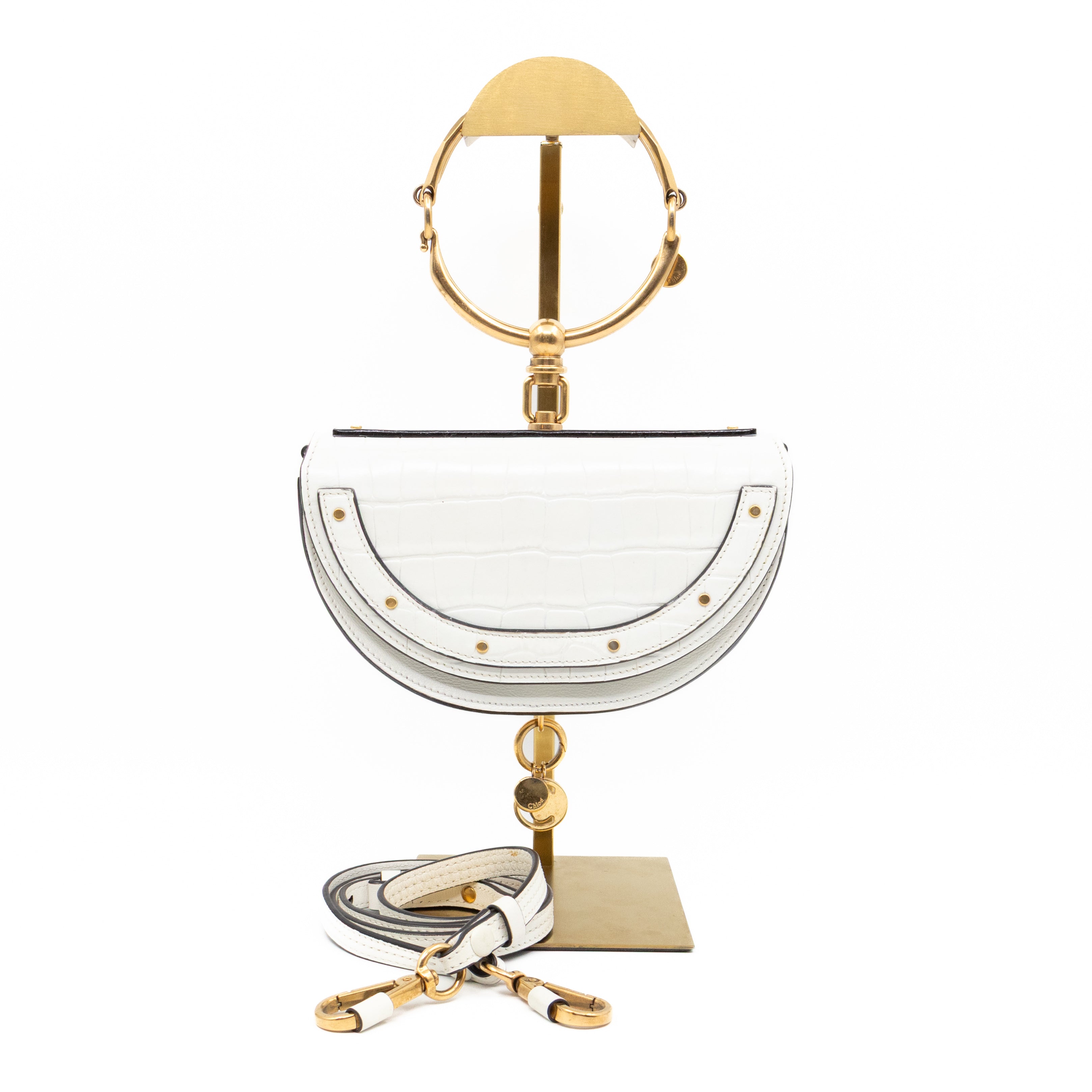 Nile Bracelet Minaudiere Crossbody Bag White Croc Embossed Leather