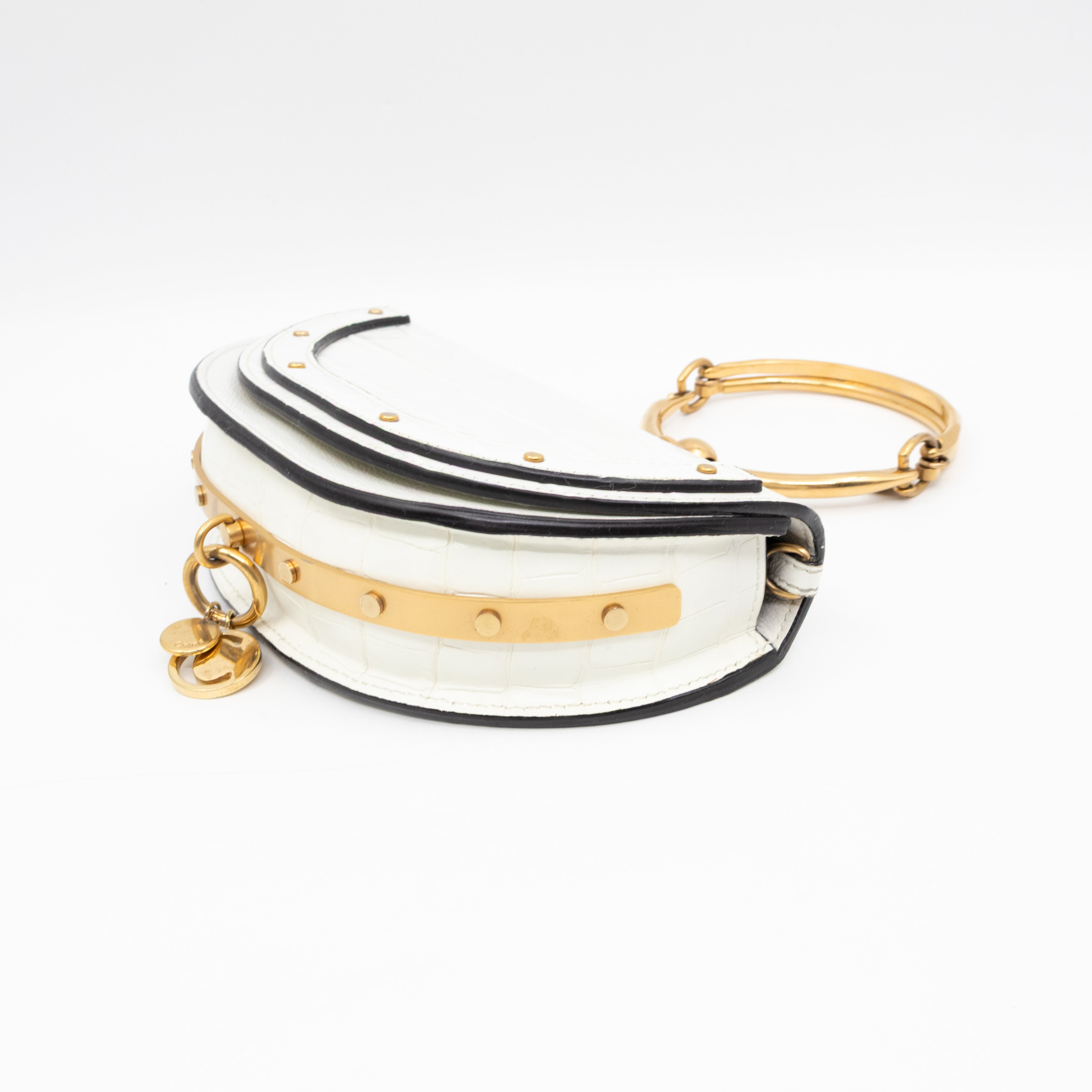 Nile Bracelet Minaudiere Crossbody Bag White Croc Embossed Leather