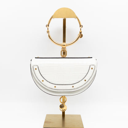 Nile Bracelet Minaudiere Crossbody Bag White Croc Embossed Leather