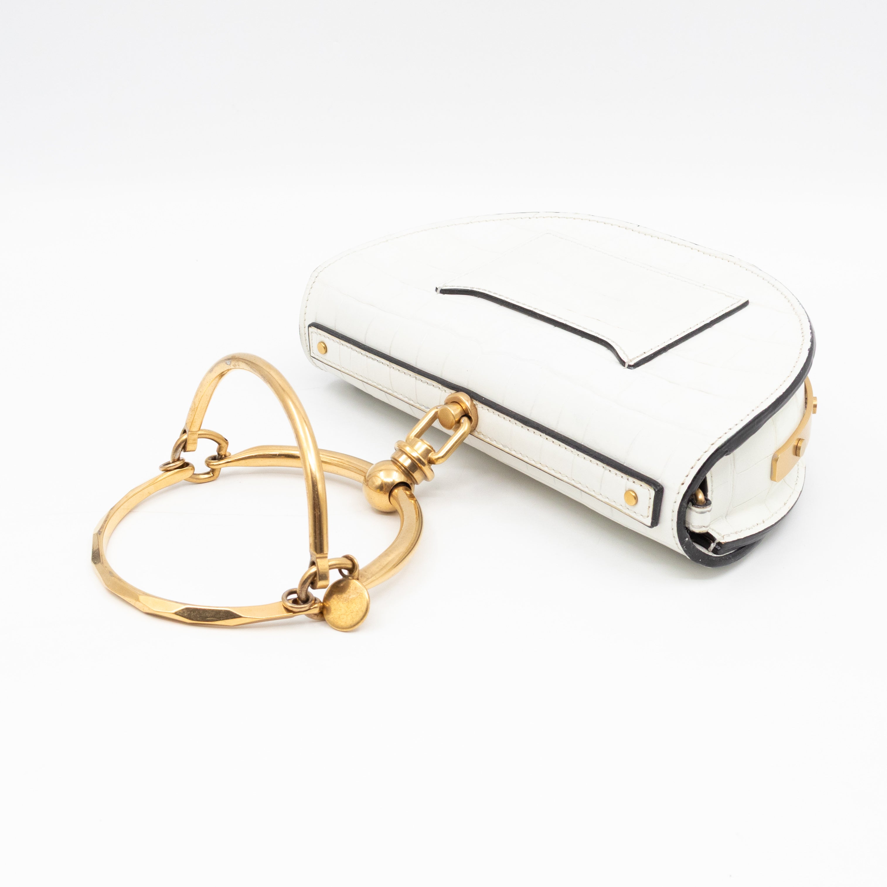 Nile Bracelet Minaudiere Crossbody Bag White Croc Embossed Leather