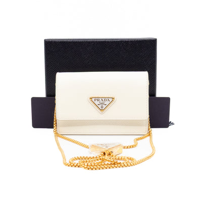 Card Holder With Chain White Saffiano Leather