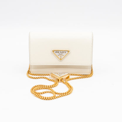 Card Holder With Chain White Saffiano Leather