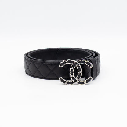 CC Leather Braided Buckle Black Quilted Caviar Belt 90 cm
